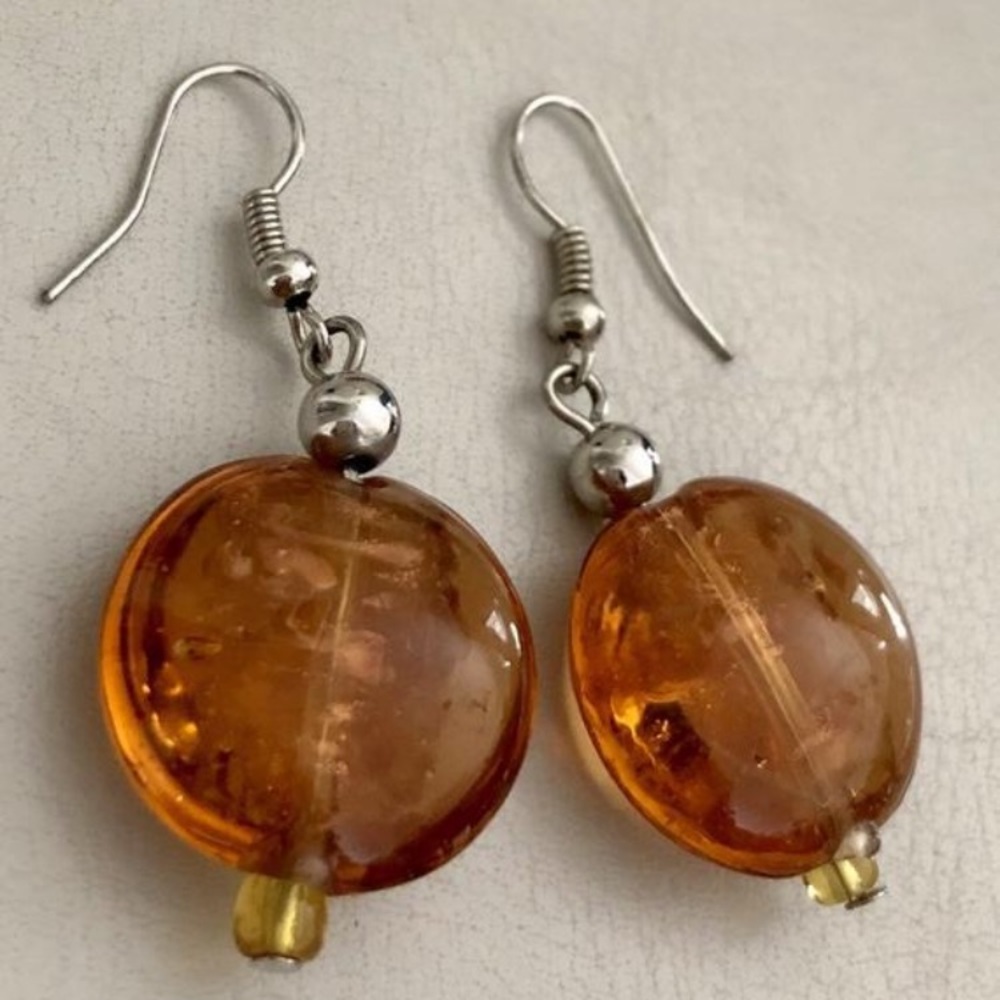 Vintage Round Cognac Color Amber Silver Earrings - Picture 5 of 5